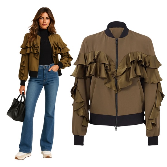 cinq a sept Jackets & Blazers - $525 CINQ A SEPT “Leía” Ruffle Bomber Jacket Sz S Olive Satin Trim